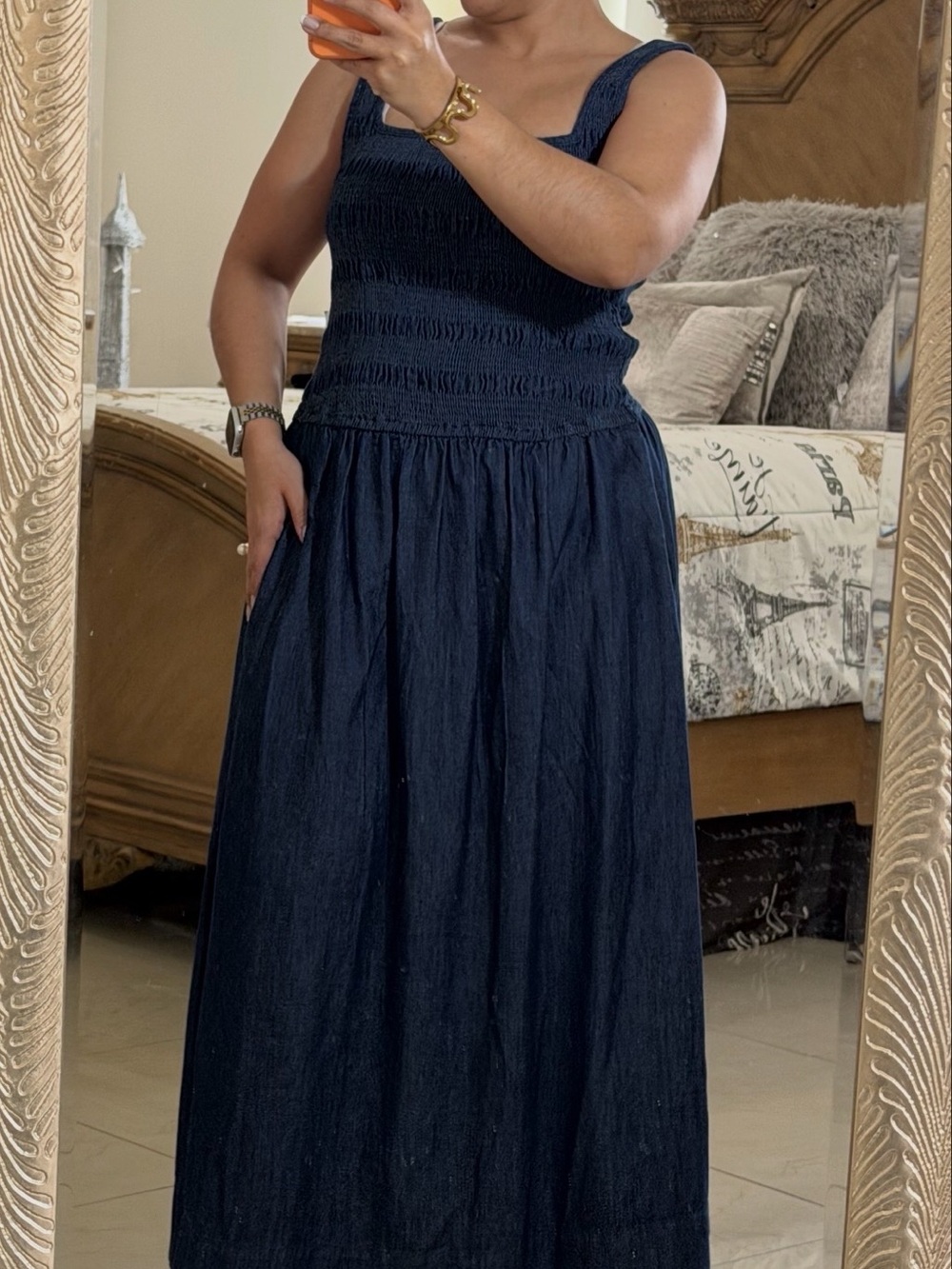 Free Assembly Women’s Navy Blue Denim Square-Neck Smocked Maxi Dress - Picture 3 of 3